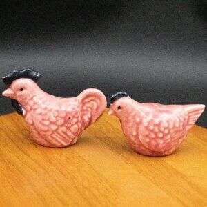 Rare Vintage Handmade Pink Glazed Ceramic Chicken Rooster Salt & Pepper Shakers